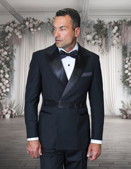 Statement Men's 2 Piece 100% Wool Modern Fit Double Breasted Tuxedo - Rhinestone Belt - 36R