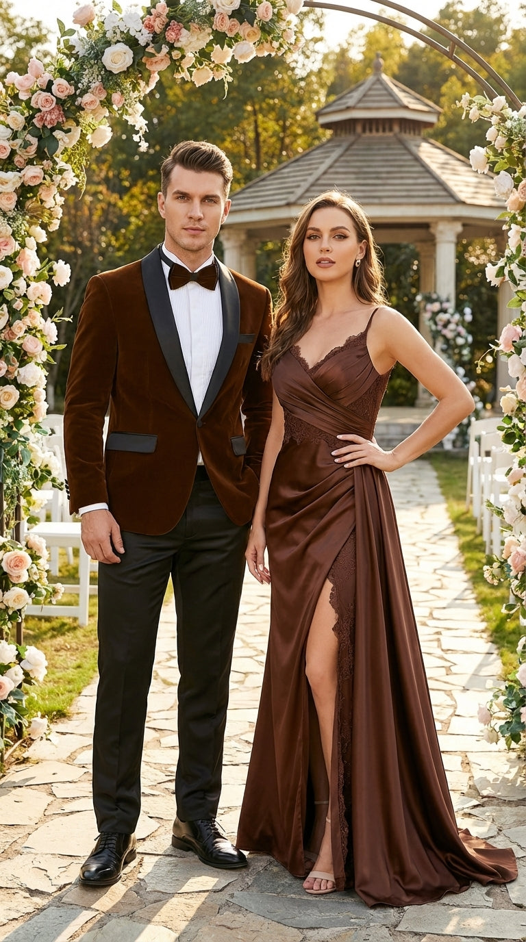Mens Brown Velvet Tuxedo Jacket – Luxury Black Lapel Velvet Blazer for Wedding, Prom and Formal Events - 34 Short or Extra Small