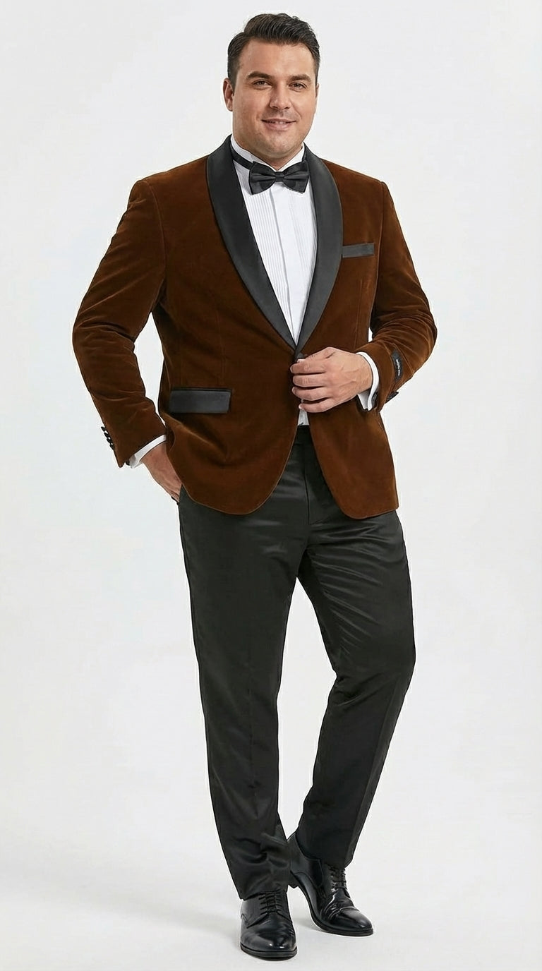 Mens Brown Velvet Tuxedo Jacket – Luxury Black Lapel Velvet Blazer for Wedding, Prom and Formal Events - 34 Short or Extra Small