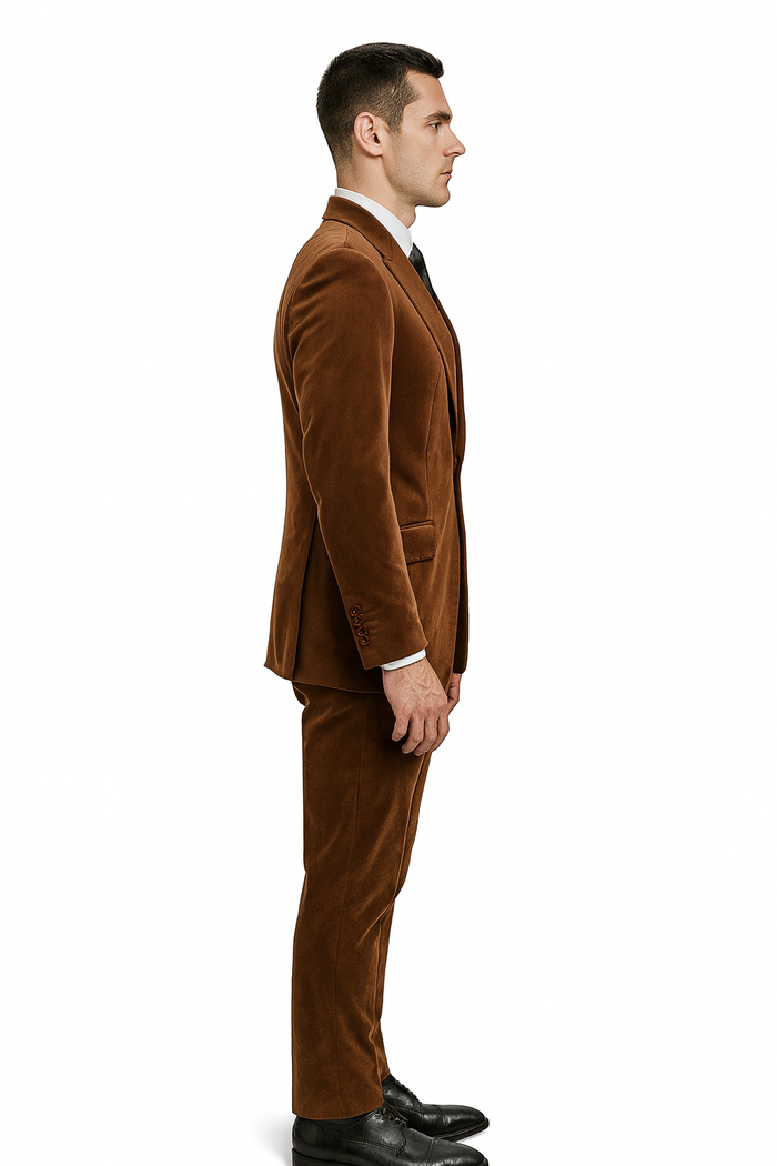 Mens Brown Velvet 2-Piece Suit Luxury Slim Fit Formal Blazer and Pants Set in Rust Copper Color