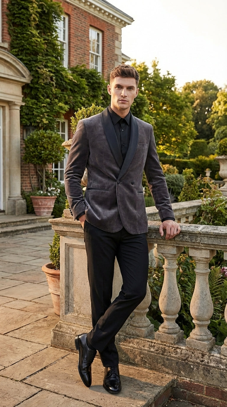 Mens Charcoal Gray Velvet Tuxedo Suit – Luxury Formal Wedding Suit with Black Shawl Lapel for Prom, Party Black Pants - 34 Short or Extra Small