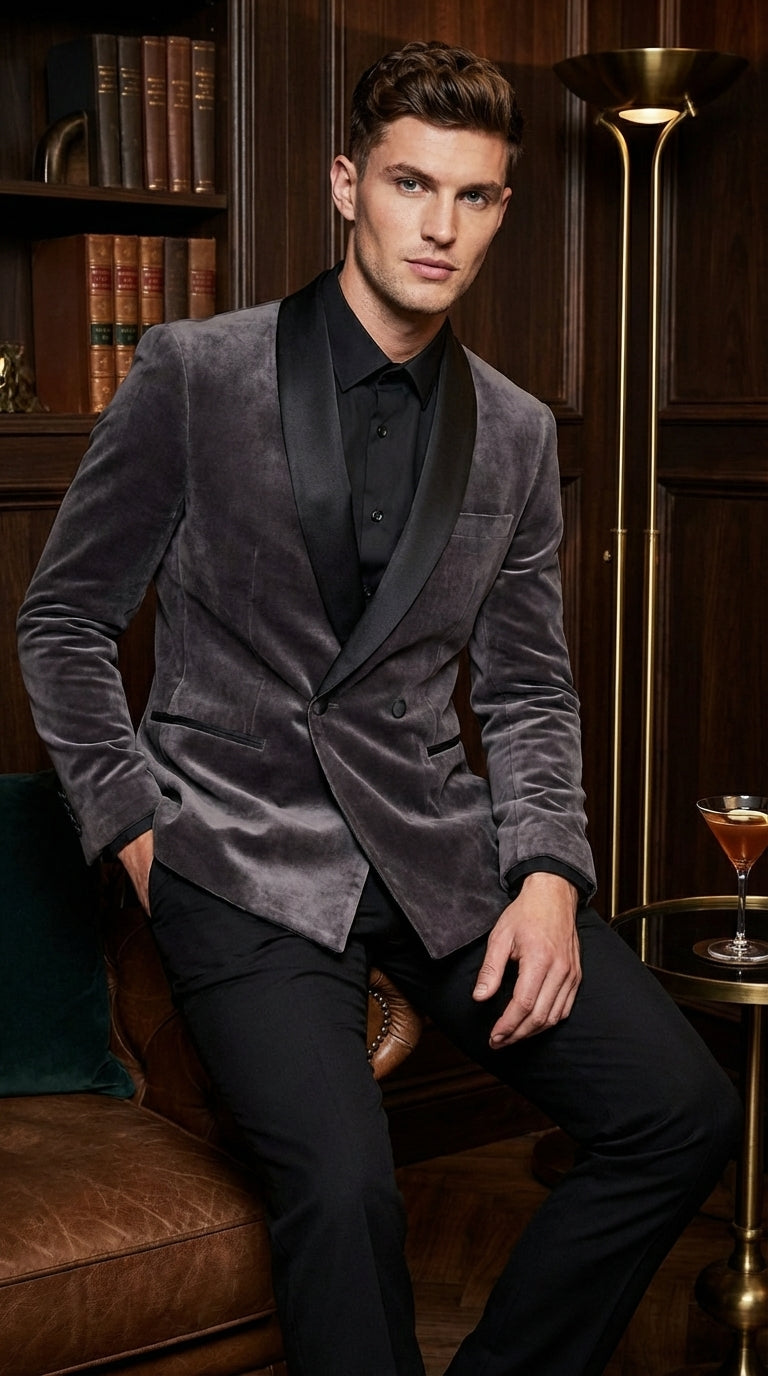 Mens Charcoal Gray Velvet Tuxedo Suit – Luxury Formal Wedding Suit with Black Shawl Lapel for Prom, Party Black Pants - 34 Short or Extra Small