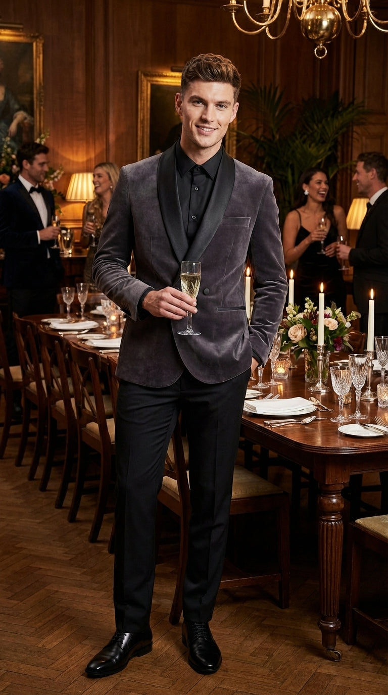 Mens Charcoal Gray Velvet Tuxedo Suit – Luxury Formal Wedding Suit with Black Shawl Lapel for Prom, Party Black Pants - 34 Short or Extra Small