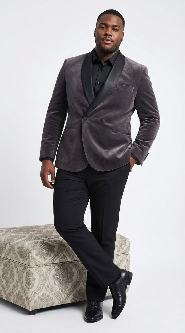 Mens Charcoal Gray Velvet Tuxedo Suit – Luxury Formal Wedding Suit with Black Shawl Lapel for Prom, Party Black Pants - 34 Short or Extra Small