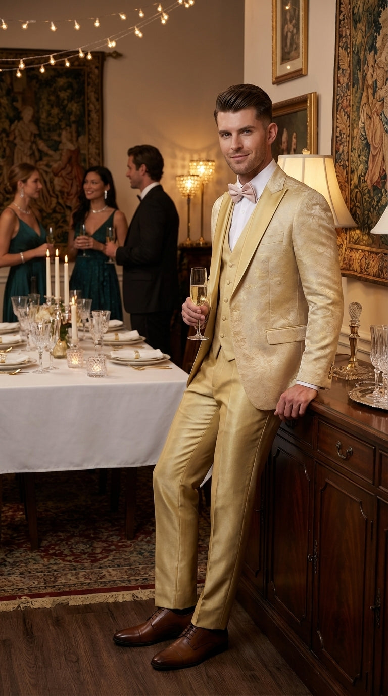 Vitali Mens Yellow Gold Designer Tuxedo Suit Set – Luxury Wedding Prom Formal Tuxedo with Vest Bow Tie in Champaign Color - 34 Short or Extra Small
