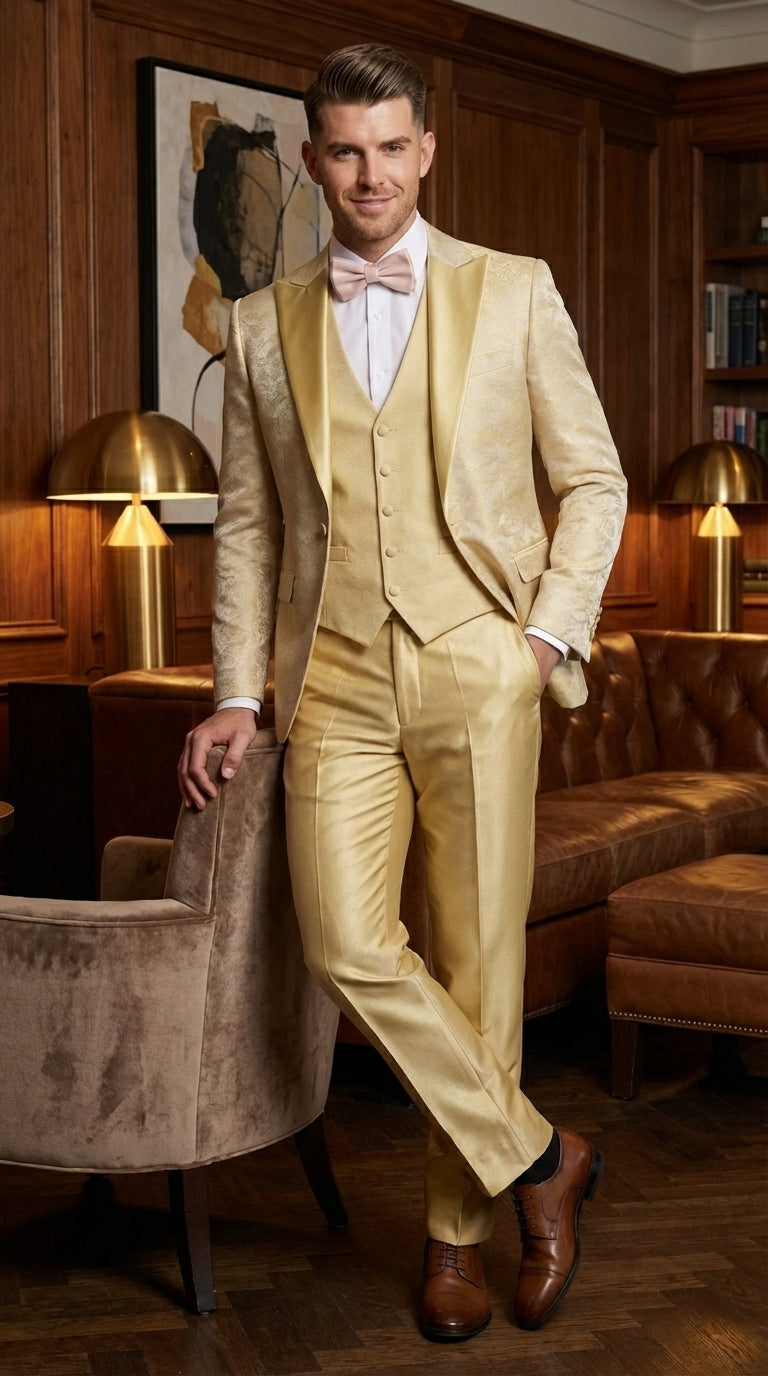 Vitali Mens Yellow Gold Designer Tuxedo Suit Set – Luxury Wedding Prom Formal Tuxedo with Vest Bow Tie in Champaign Color - 34 Short or Extra Small