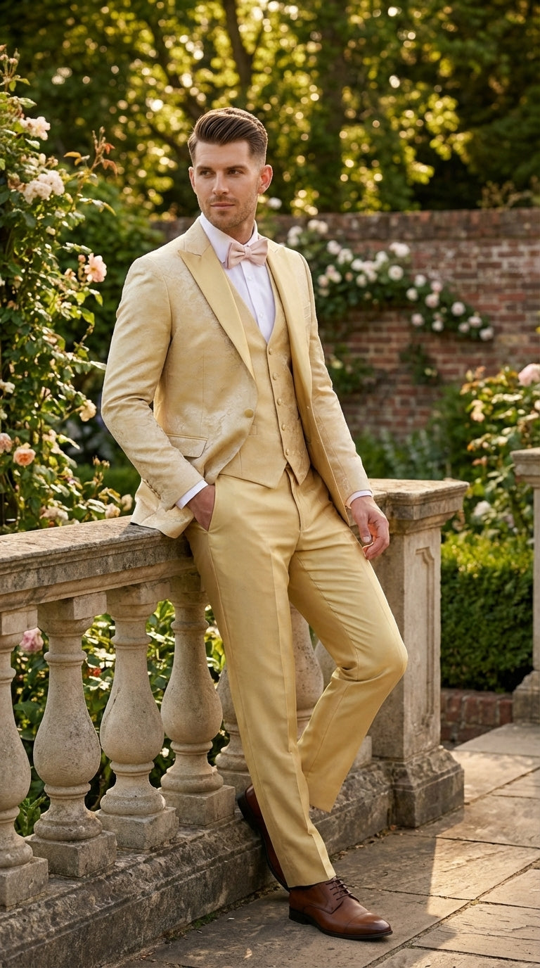 Vitali Mens Yellow Gold Designer Tuxedo Suit Set – Luxury Wedding Prom Formal Tuxedo with Vest Bow Tie in Champaign Color - 34 Short or Extra Small