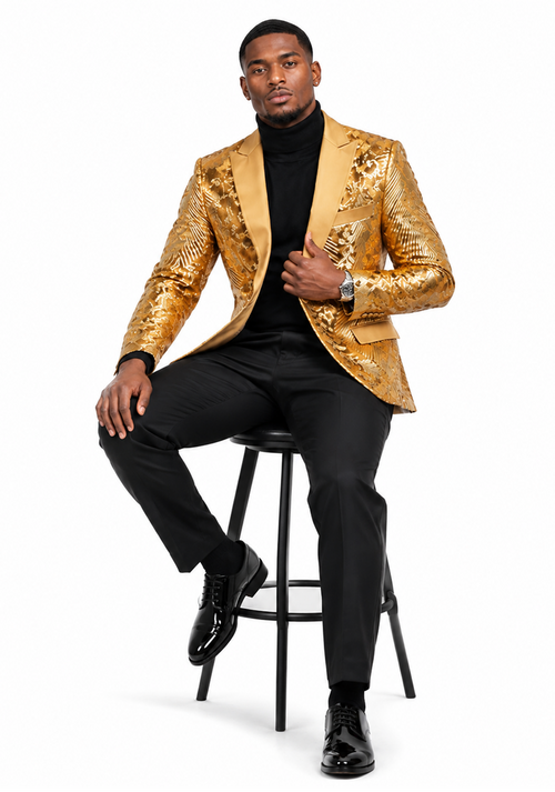 Mens Sequin Christmas Holiday Blazer – Luxury Party Jacket for New Year Jacket Sparkly Dinner Jacket in color "Gold"