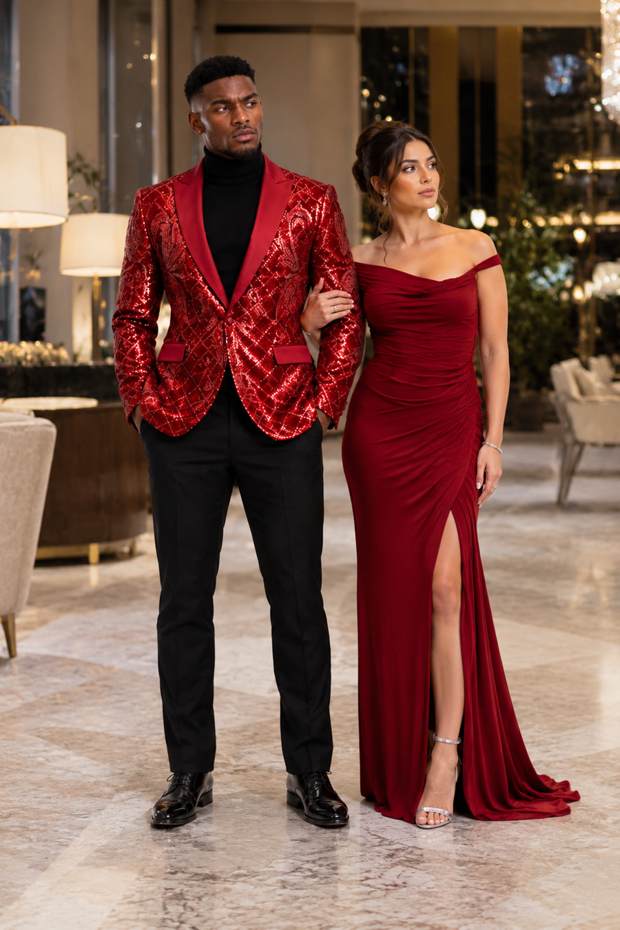 Mens Sequin Christmas Holiday Blazer – Luxury Party Jacket for New Year Jacket Sparkly Dinner Jacket in color "Red"