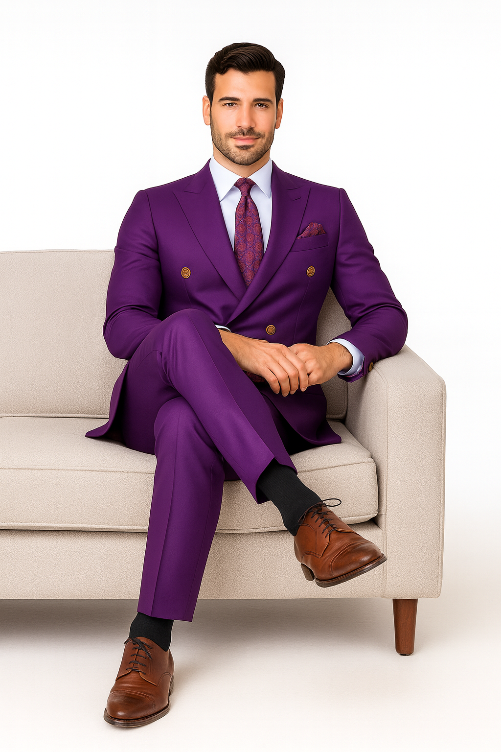 Best Mens Designer Modern Fit Double Breasted Wool Suit with Gold Buttons in Purple - For Men  Fashion Perfect For Wedding or Prom 2026 or Business  or Church - Purple and Plum Prom 2026 Suits - 36 regular