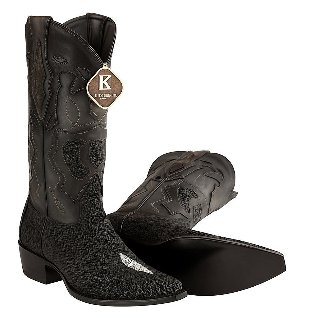 Men's King Exotic Snip Toe Stingray Boots Single Stone Handmade Black (494R1205) - 6 E