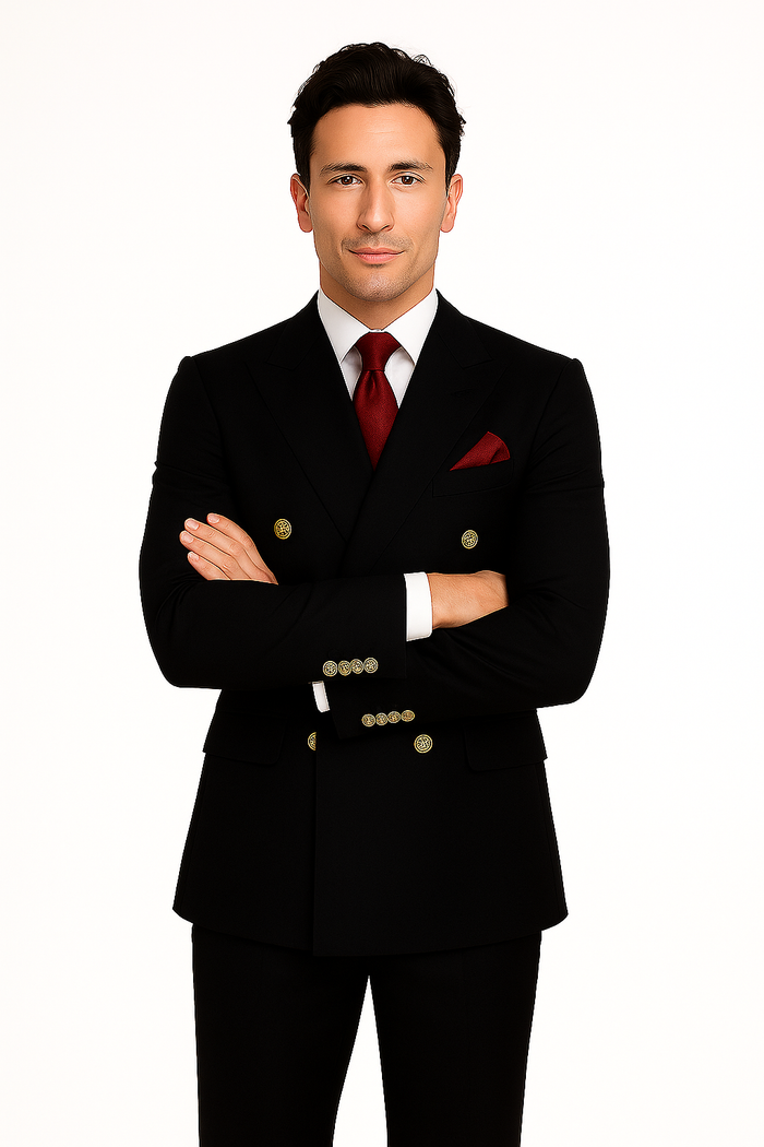 Mens Classic Wool Double Breasted Suit in Black