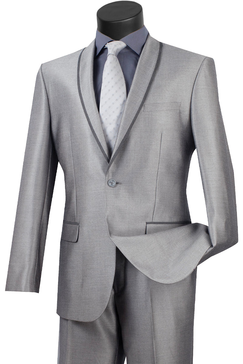 Mens One Button Shawl Tuxedo Suit With Trim in Grey - 36 Short