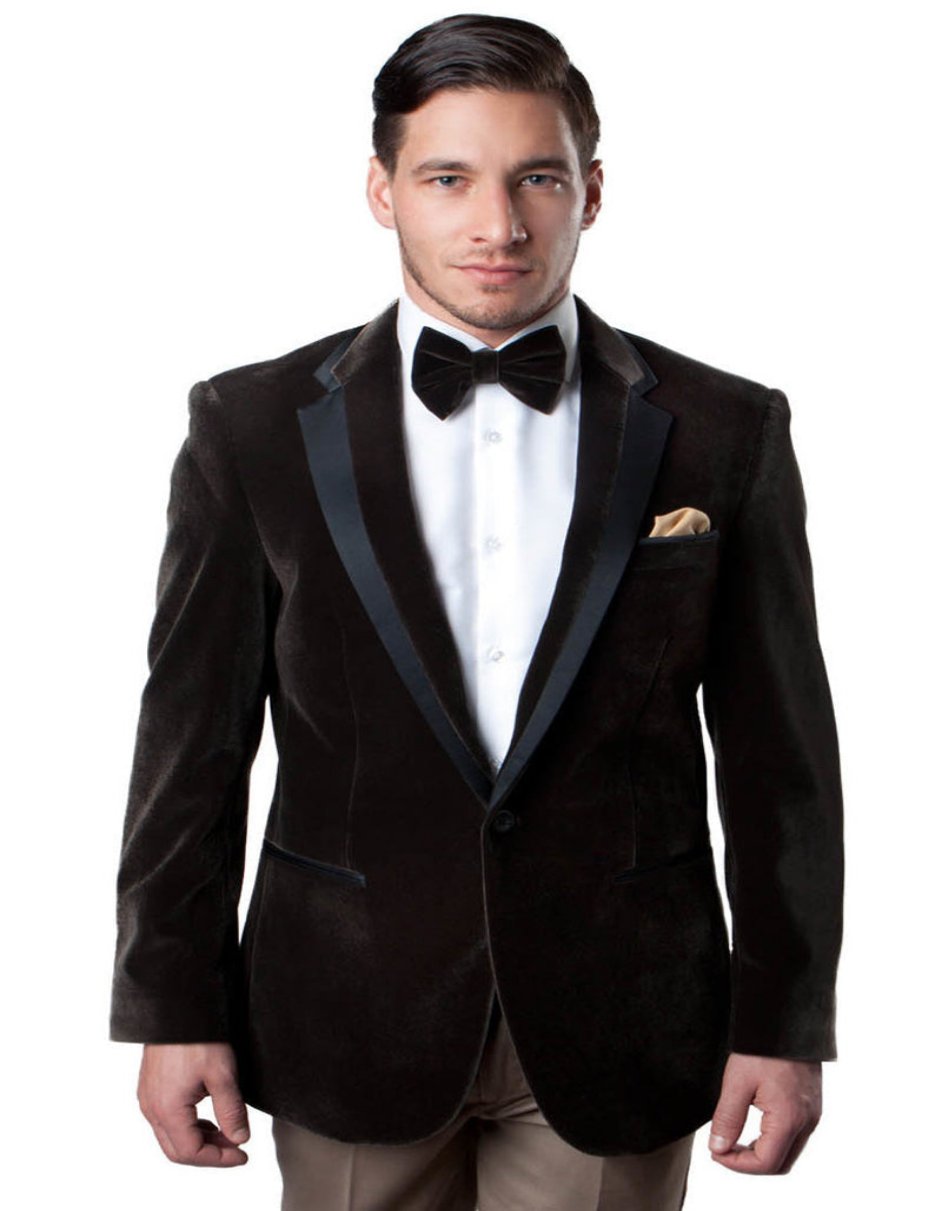 "Velvet Tuxedo Blazer for Men - One Button, Brown with Black Satin Trim"