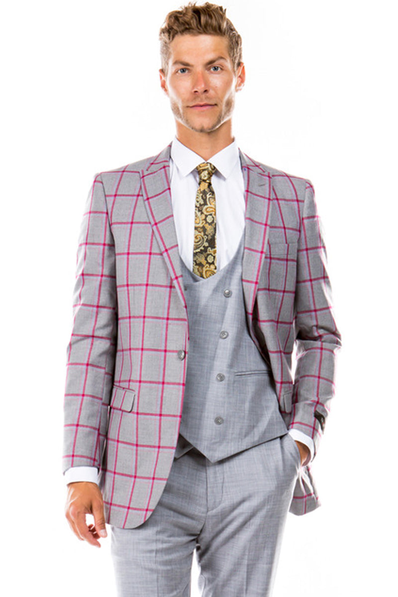 "Grey & Red Windowpane Plaid Men's Suit with Peak Lapel & Double Breasted Vest"