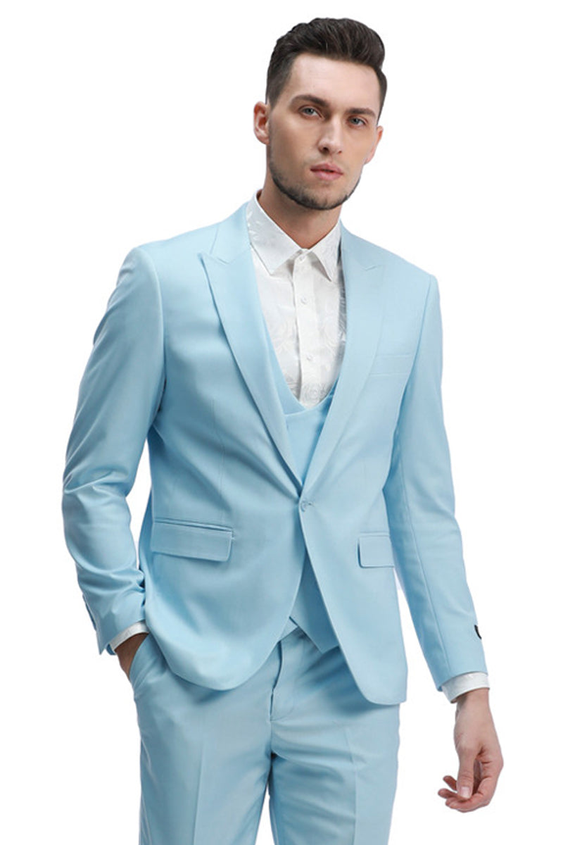 Light Blue Men's Slim Fit Wedding Suit - One Button Peak Lapel Vest