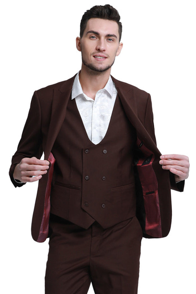 "Men's Slim Fit Wedding Suit - Double Breasted Brown Vest with Peak Lapel" - 34 Short