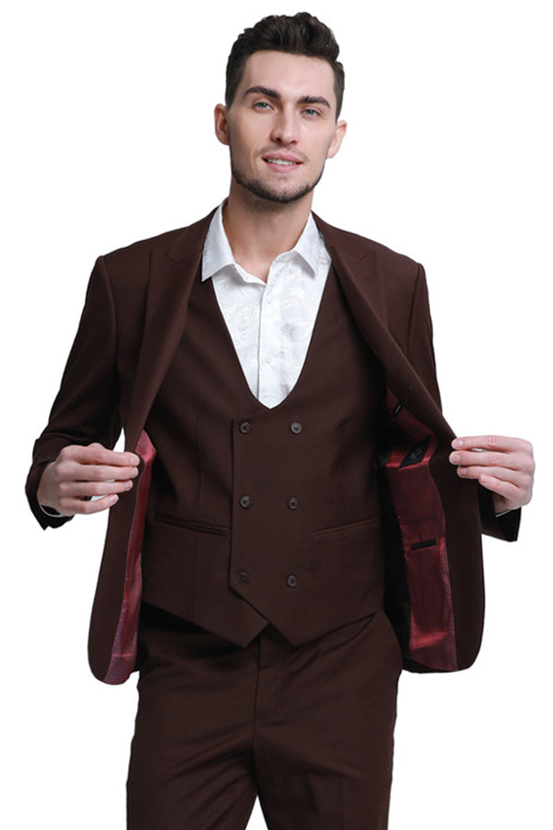 "Men's Slim Fit Wedding Suit - Double Breasted Brown Vest with Peak Lapel"