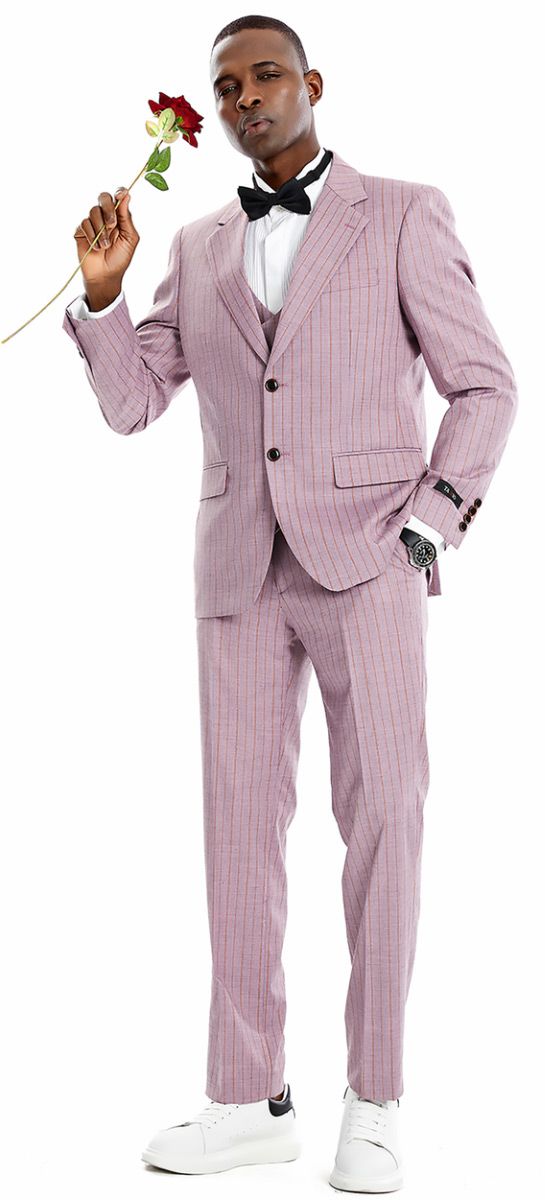 Tazio Men's 3-Piece Skinny Fit Suit with Tone-on-Tone Pinstripes