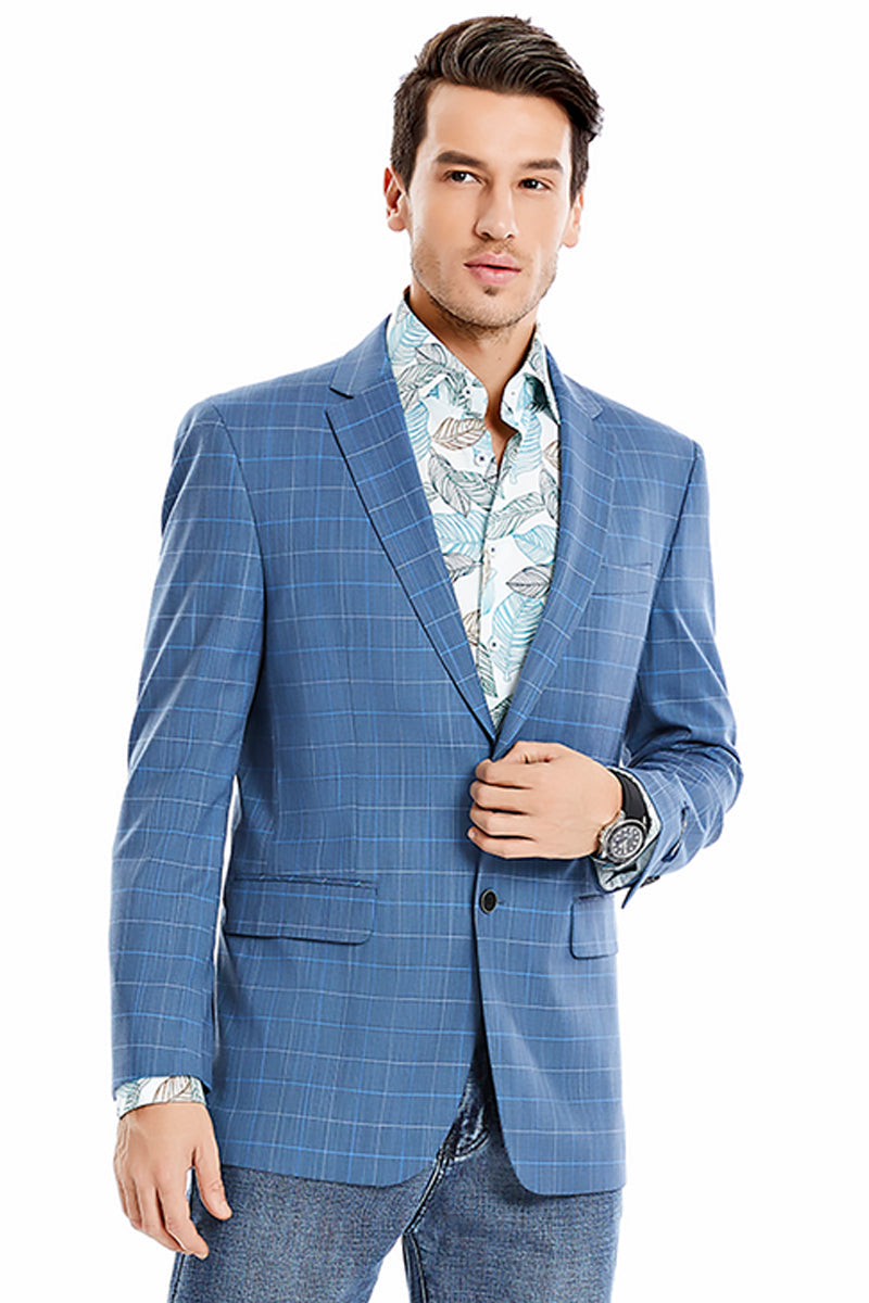 "Blue Windowpane Plaid Sport Coat - Men's Regular Fit Two Button Blazer"