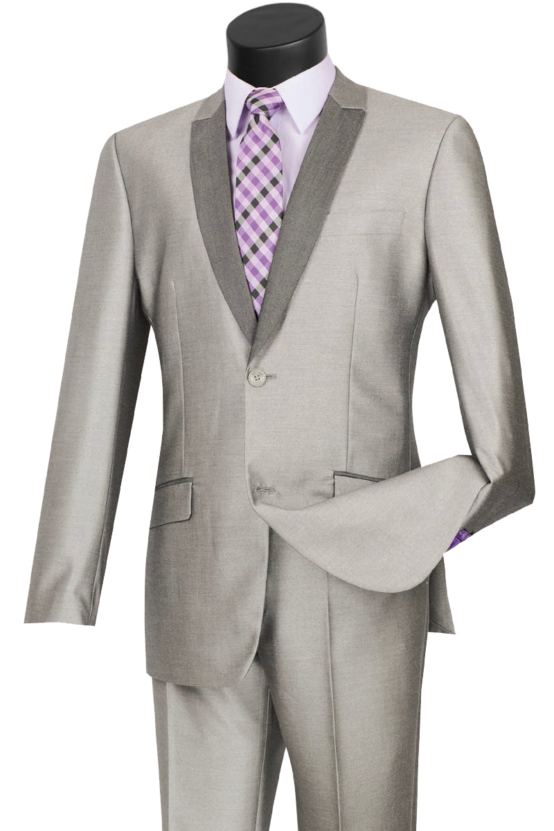 Mens 2 Buttton Slim Contrast Peak Lapel Tuxedo in Grey - 36 Short