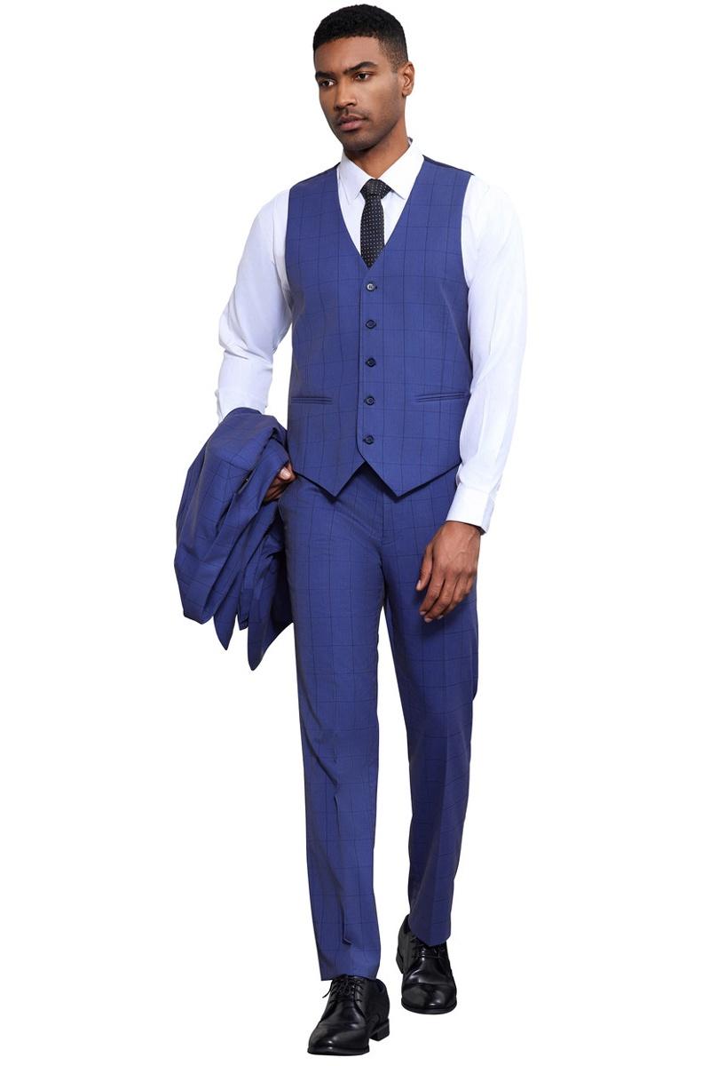 Men's Stacy Adams Modern Fit Vested Tonal Windowpane Plaid Suit in French Blue - 38 Regular