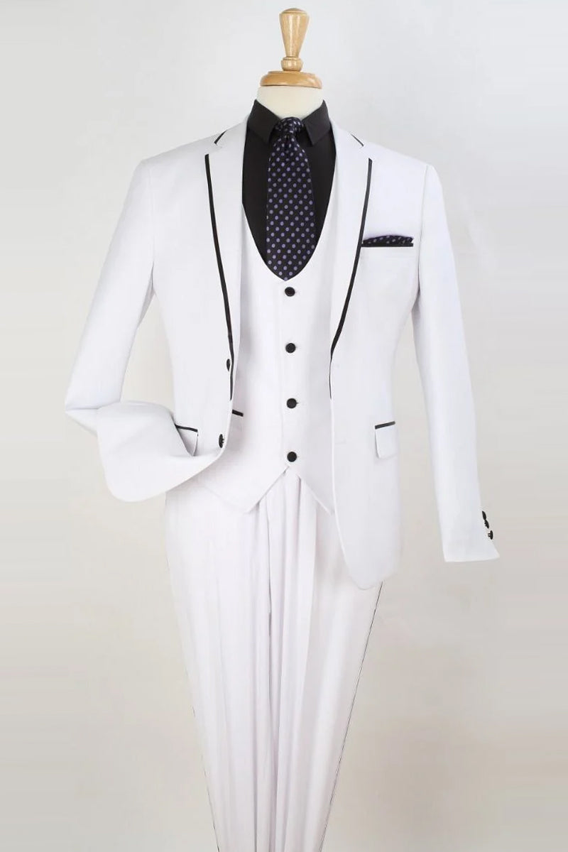 Mens Two Button Slim Fit Vested Prom Tuxedo Suit with Trim in White - White