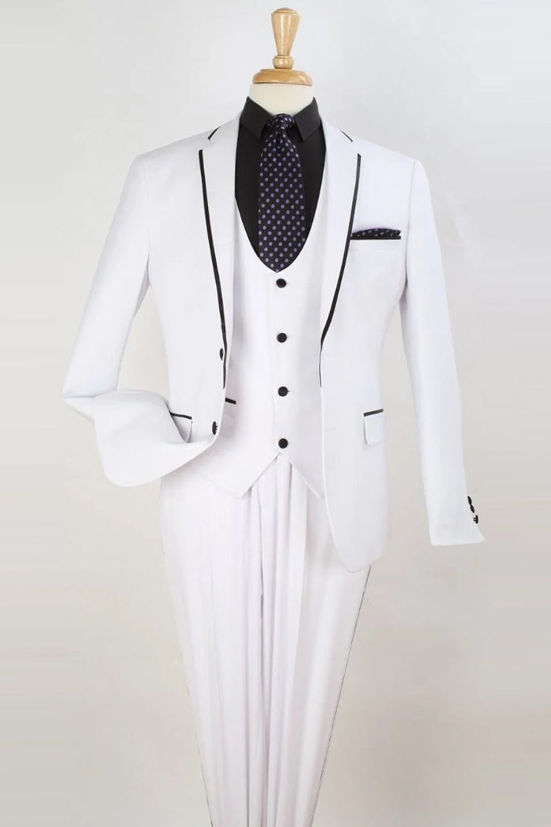"White Prom Tuxedo Suit - Men's Slim Fit Two-Button Vested with Trim"