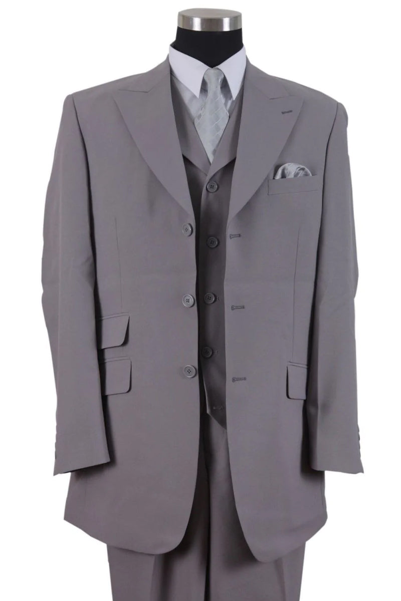 "Grey Men's Fashion Suit - 3 Button Vested Wide Peak Lapel"