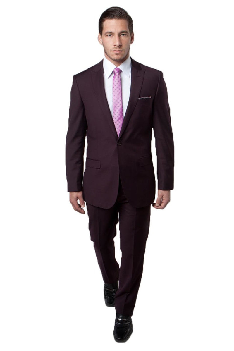 "Eggplant Plum Men's Slim Fit Suit with One Button Peak Lapel" - 34 Short