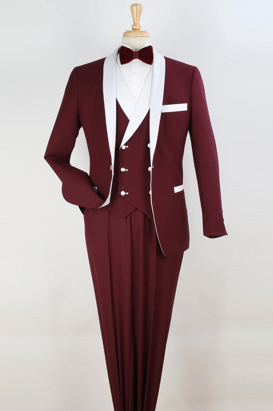 "Burgundy & White Men's Shawl Tuxedo Vest - Double Breasted One Button"