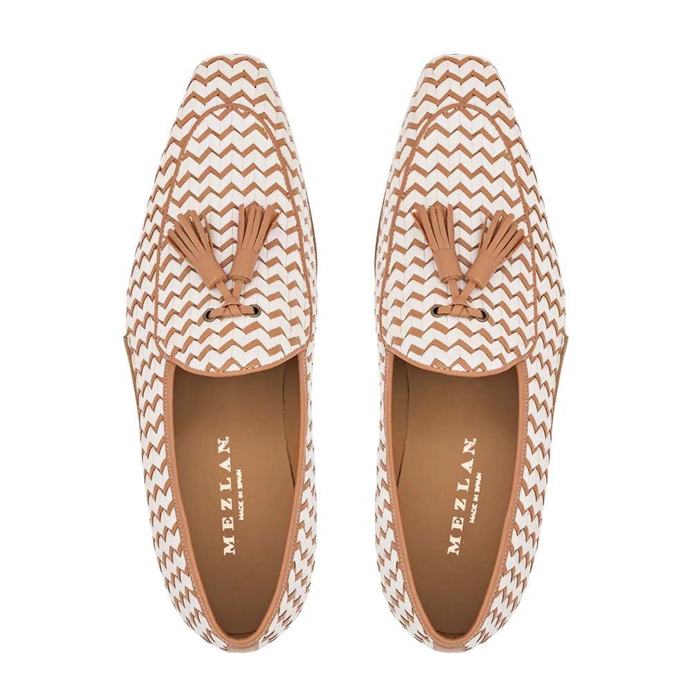 Mezlan Sants Woven Two-Tone Tassel Loafer Bone / Camel (21537) - Medium