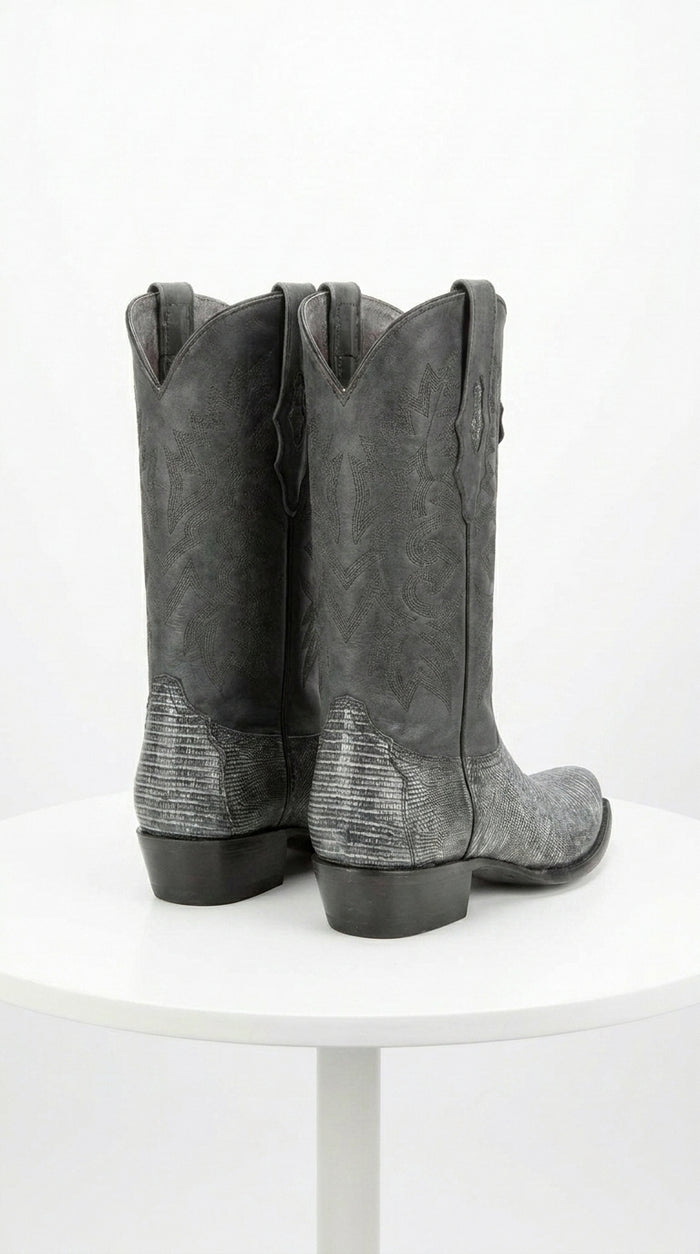 Men's Los Altos Boots 7 Toe Genuine Teju Lizard Sanded Black Leather Boots Handcrafted