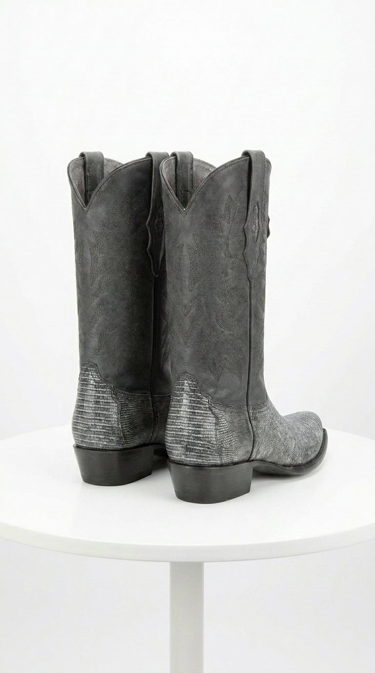 Men's Los Altos Boots 7 Toe Genuine Teju Lizard Sanded Black Leather Boots Handcrafted