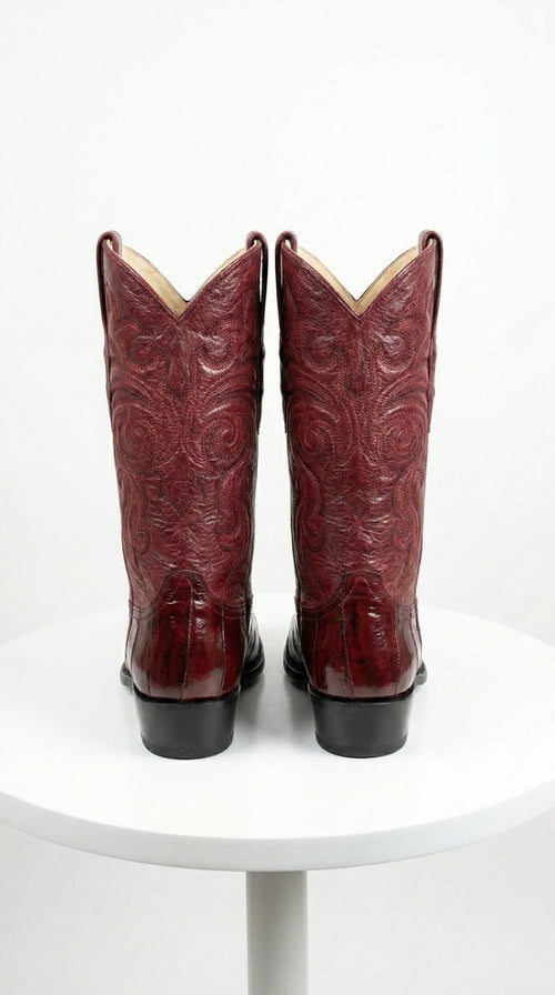 Men’s Burgundy Eel Cowboy Boots with J Toe, Exotic Leather Western Dress Boots