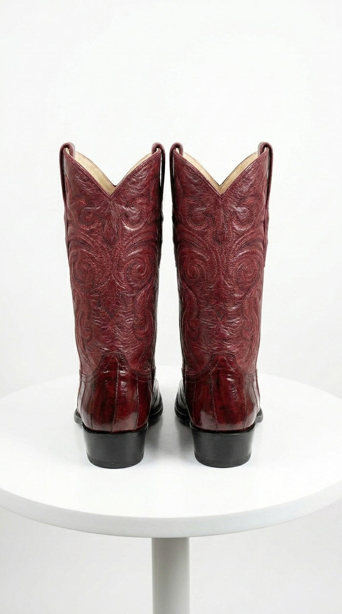 Men’s Burgundy Eel Cowboy Boots with J Toe, Exotic Leather Western Dress Boots