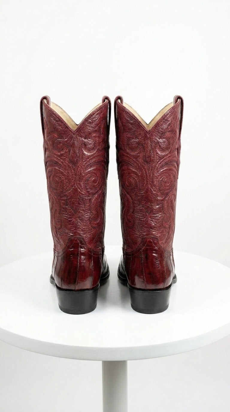 Men’s Burgundy Eel Cowboy Boots with J Toe, Exotic Leather Western Dress Boots