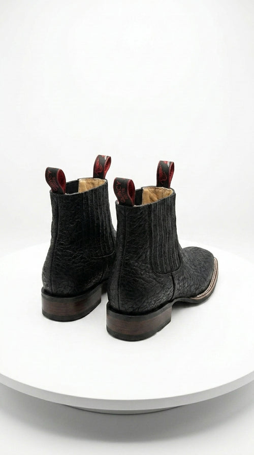Men’s Bull Shoulder Short Cowboy Boots in Black and Brown, Western Ankle Boots with Square Toe