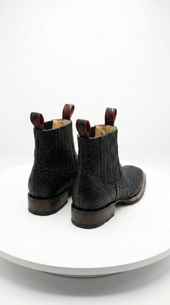 Men’s Bull Shoulder Short Cowboy Boots in Black and Brown, Western Ankle Boots with Square Toe