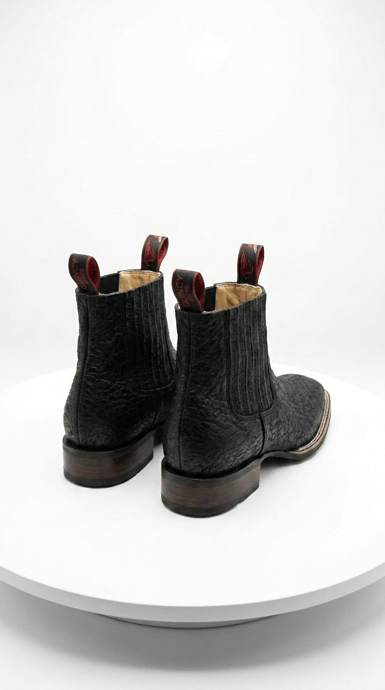 Men’s Bull Shoulder Short Cowboy Boots in Black and Brown, Western Ankle Boots with Square Toe