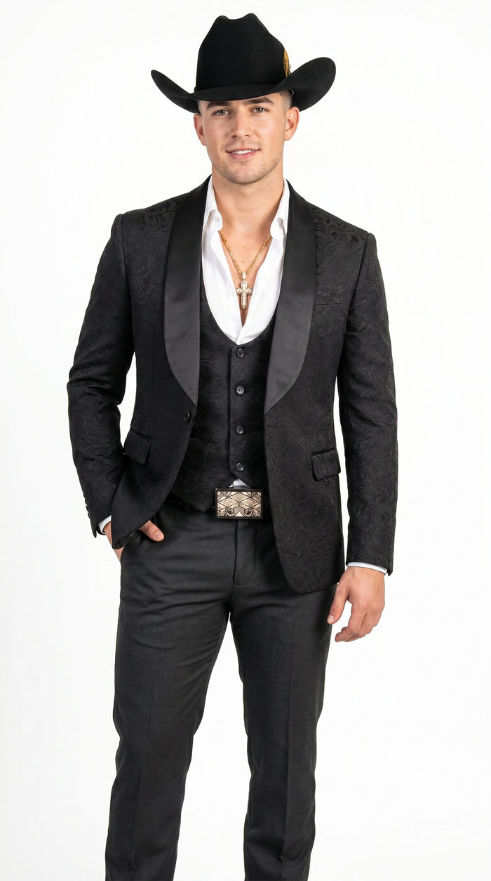 Men’s Black Paisley Jacquard Western Formal Blazer with Satin Shawl Lapel, Designer Jacket
