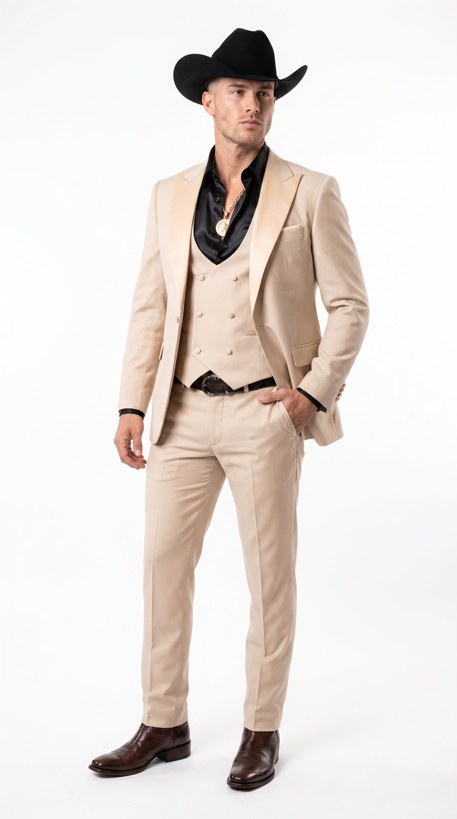 Mens Light Beige Western 3-Piece Suit – Cowboy Tuxedo with Shawl Lapel