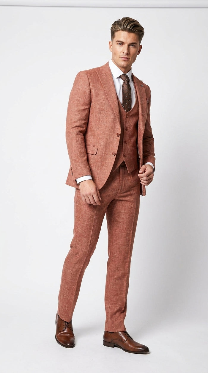 Stacy Adams Men’s Brown Textured Windowpane 3 Piece Hybrid Fit Suit, Black and Orange Check Formal Dress Suit for Weddings, Prom, Business Events, and Parties