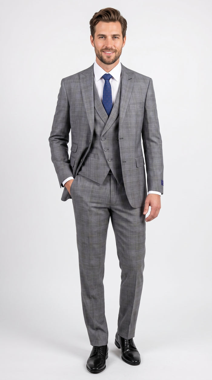 Men’s Gray Glen Plaid 3 Piece Suit with Jacket, Vest and Pants, Formal Wedding Business Dress Suit