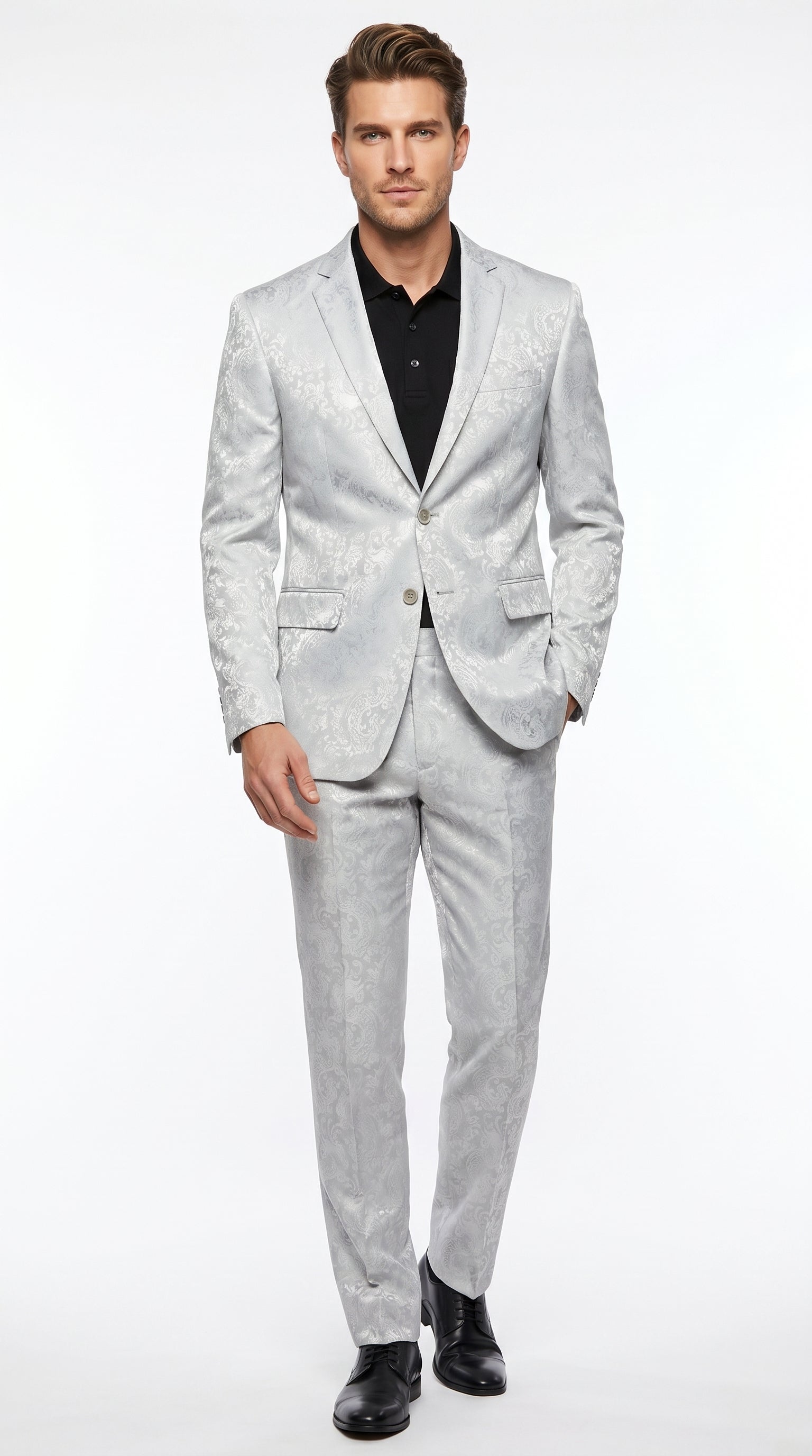Men’s Silver Grey Paisley Wedding and Prom 2026 Suit with Jacket and Matching Pants - 42 Short