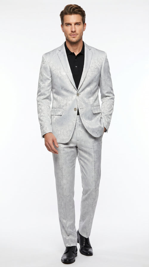 Men’s Silver Grey Paisley Wedding and Prom 2026 Suit with Jacket and Matching Pants