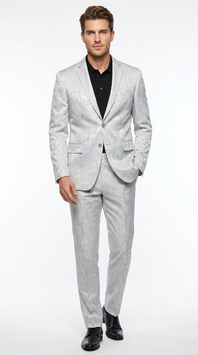 Men’s Silver Grey Paisley Wedding and Prom 2026 Suit with Jacket and Matching Pants