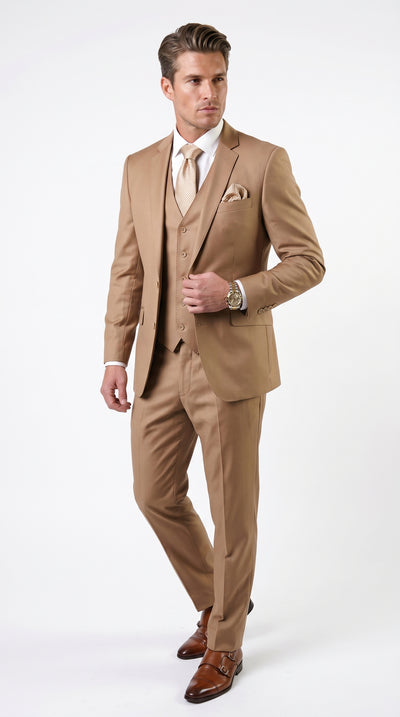 Statement Men’s Solid Caramel 100% Wool Vested Suit, Formal Wedding Business 3 Piece Suit Set