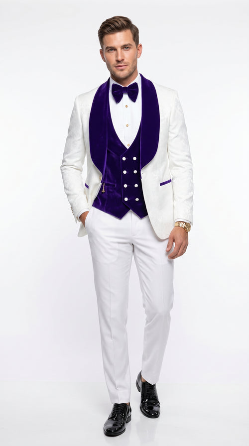 Men’s White and Royal Blue Wedding Tuxedo, Groom Prom Suit with Velvet Shawl Lapel and Matching Vest