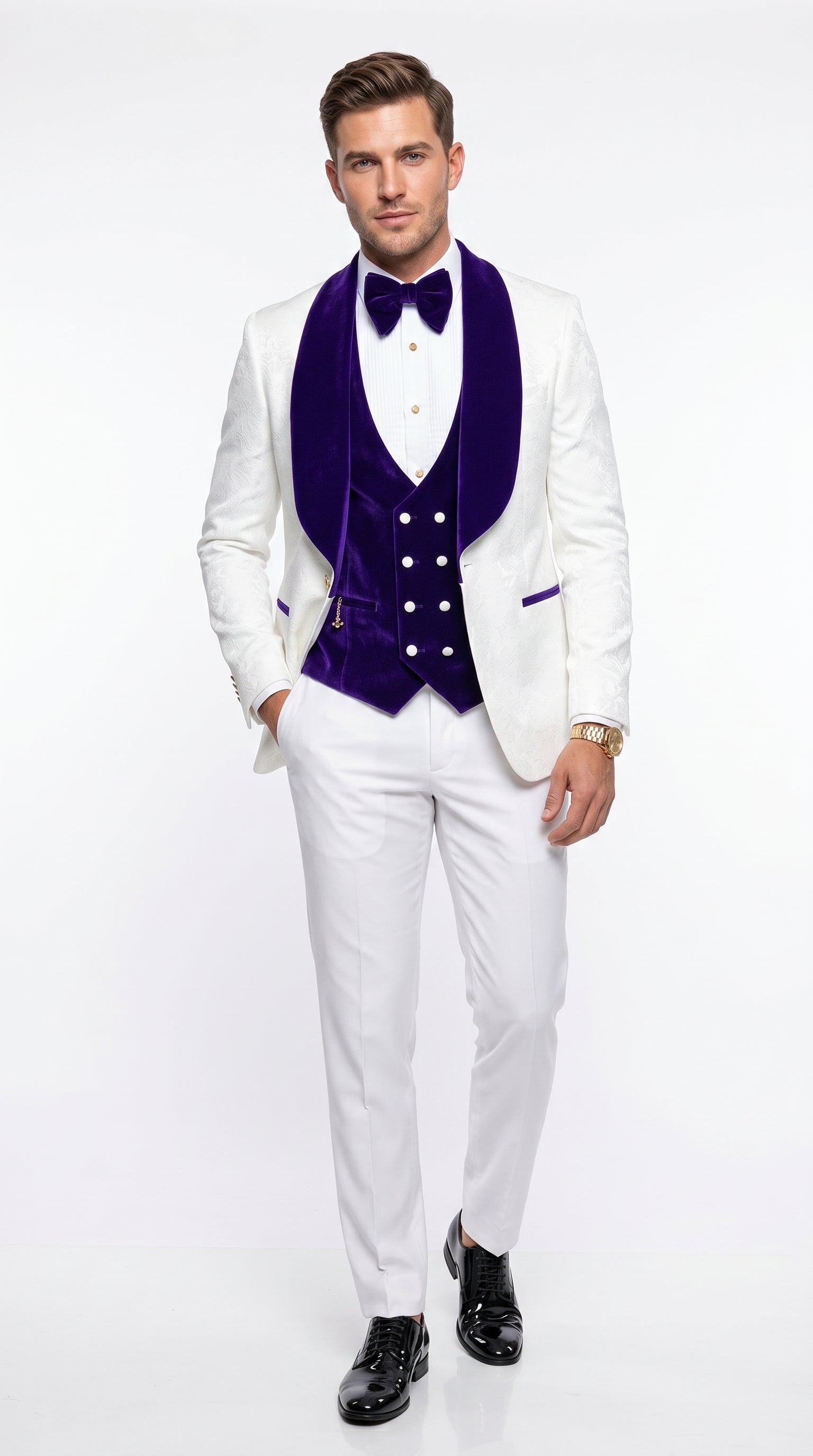 Men’s White and Royal Blue Wedding Tuxedo, Groom Prom Suit with Velvet Shawl Lapel and Matching Vest